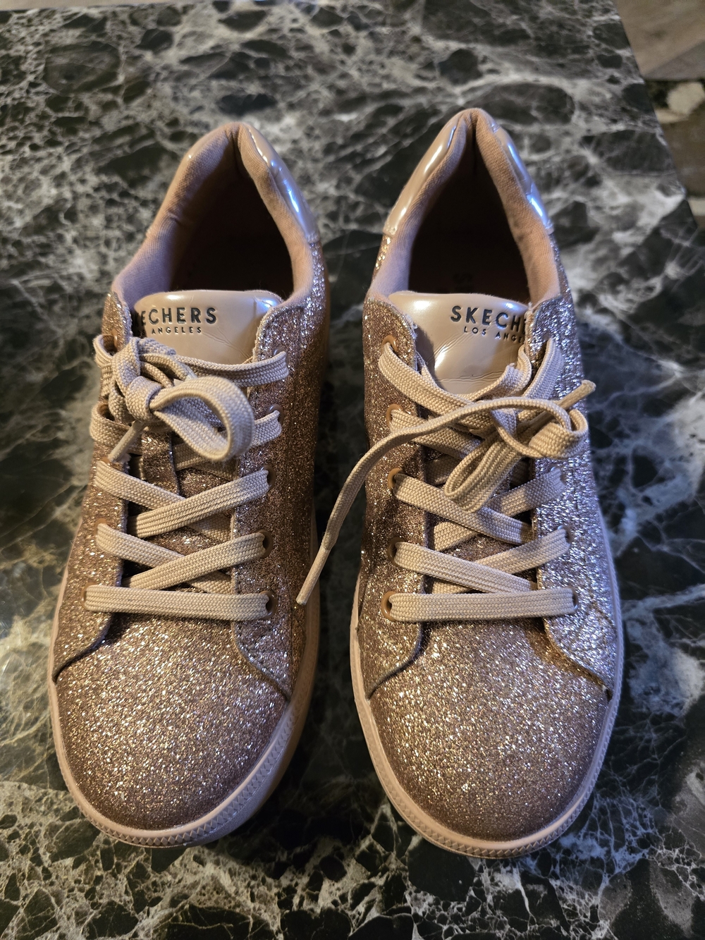 Skechers Women's Platform Glitter Sneakers in Fairy Dusted Copper (Rose Gold)